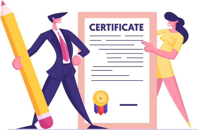 Business Man in Suit with Pencil and Young Woman Holding Insurance Certificate  Illustration