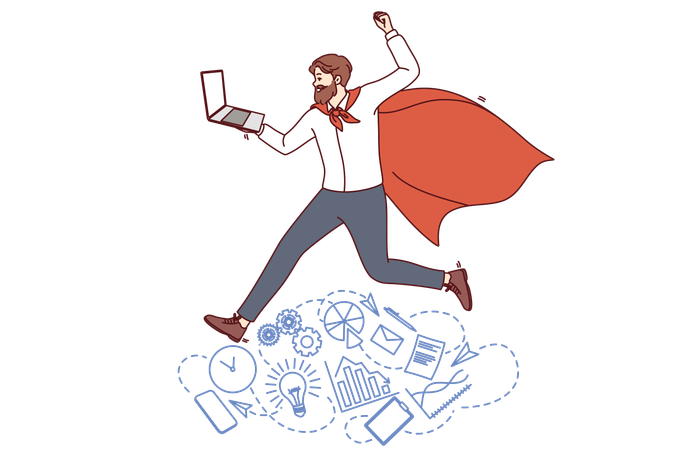 Business man in superhero cape holds laptop  Illustration