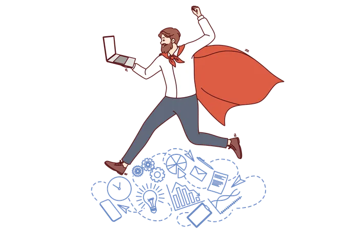 Business Man In Superhero Cape Holds Laptop And Rejoices At Team Corporate Achievements Manager With Leadership Qualities Near Symbols Of Productive Work And Successful Completion Of Business Tasks Illustration