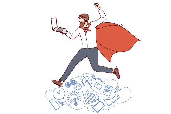 Business man in superhero cape holds laptop  Illustration