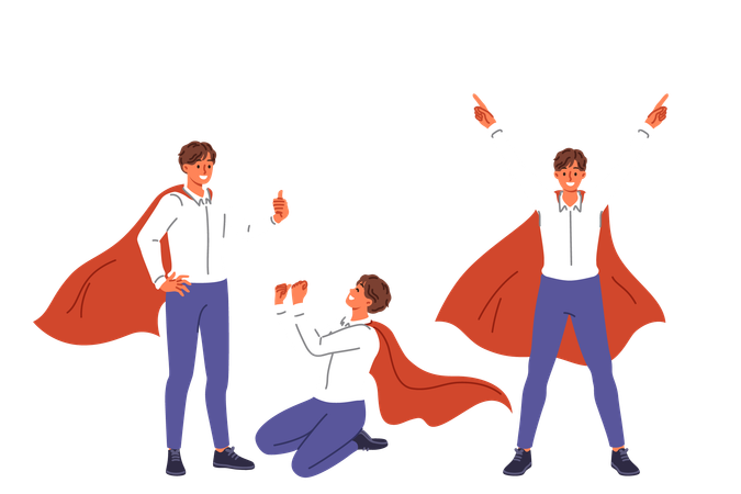 Business man in superhero cape rejoices in victory taking different poses and making joy gestures  Illustration