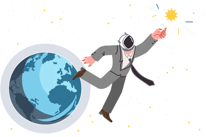 Business man is flying in space trying to touch sun with hand going on tourist flight into orbit  Illustration