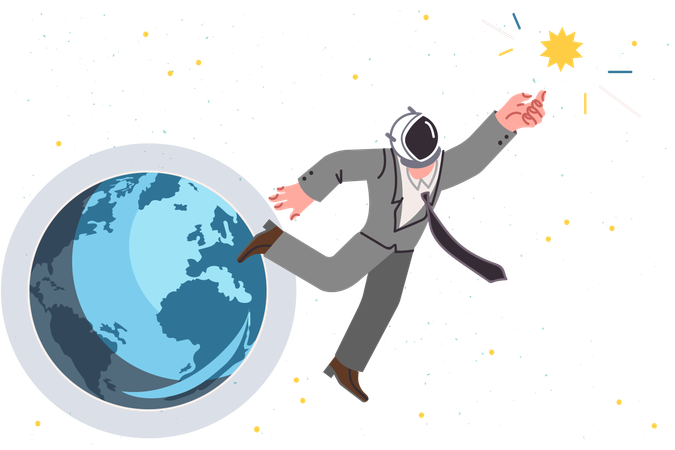 Business man is flying in space trying to touch sun with hand going on tourist flight into orbit  Illustration