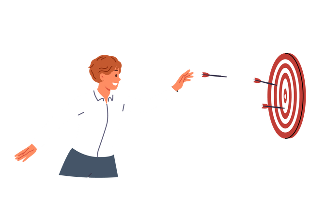 Business man is trying to hit target and achieve desired result by throwing darts at dartboard  Illustration