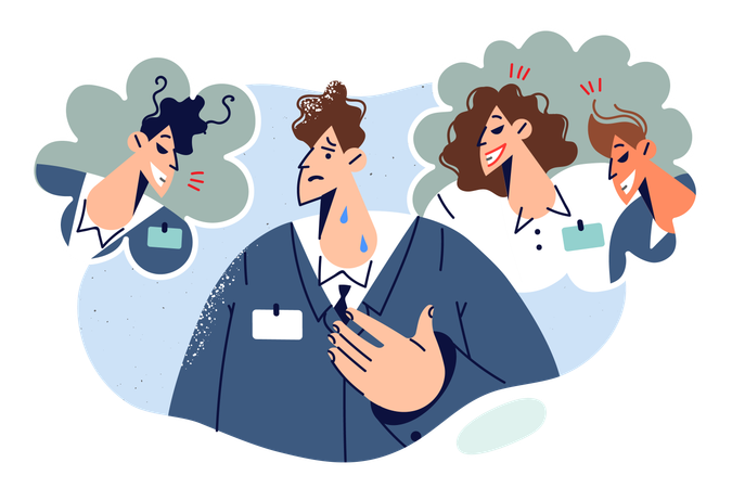 Business man is worried about bullying from colleagues criticizing ideas and plans out of envy  Illustration