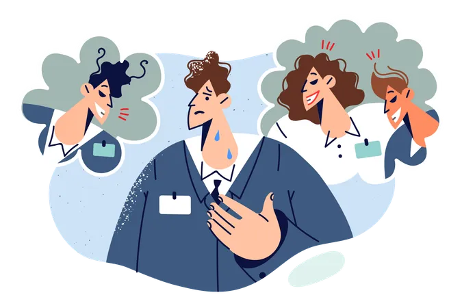 Business Man Worried About Bullying From Colleagues Criticizing Ideas And Plans Out Of Envy Concept Problem Of Bullying In Company Caused By Groundless Criticism And Toxic Attitude Towards Newcomers Illustration