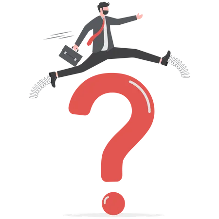 Business man jump over big question mark sign  Illustration