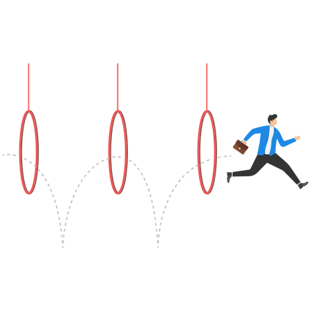 Business Man Jumping Through Hoops Concept Business Illustration Vector Flat Illustration