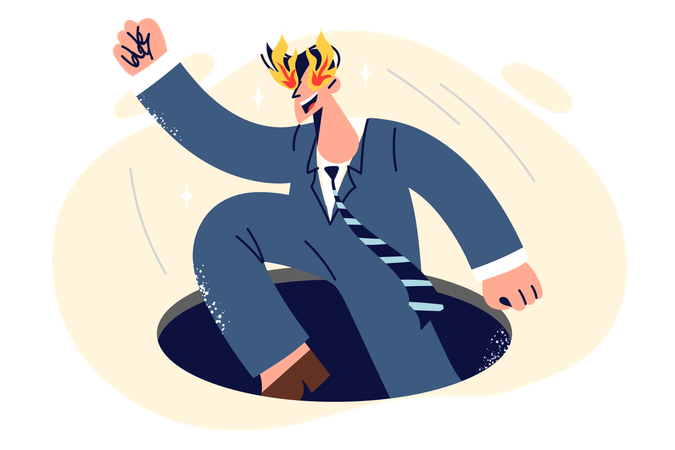 Business man jumps out of hole and demonstrates readiness for success after many failures  Illustration