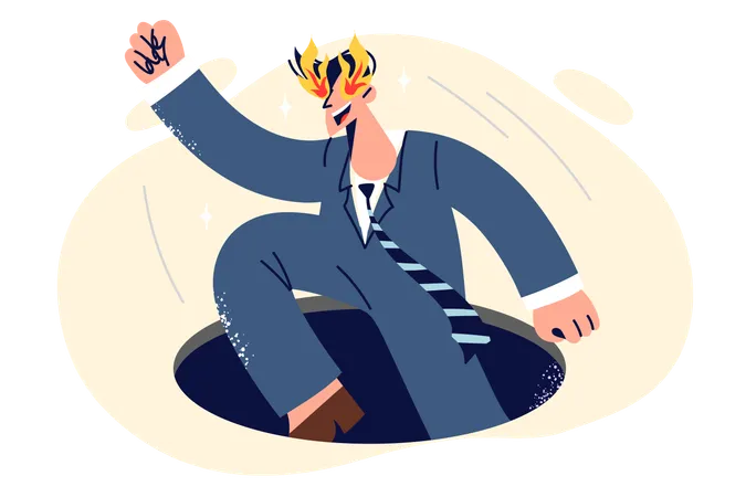 Business man jumps out of hole and demonstrates readiness for success after many failures  Illustration