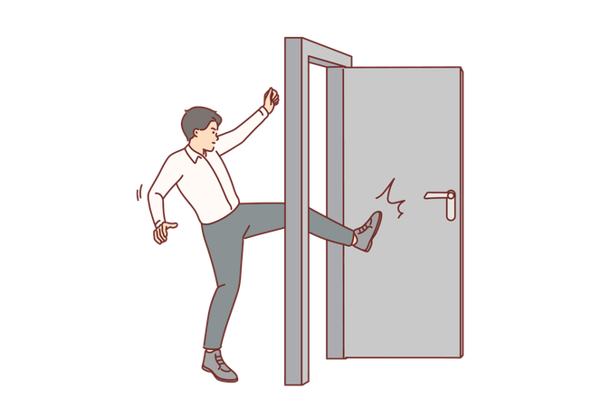 Business man kicks door bursting into office  Illustration