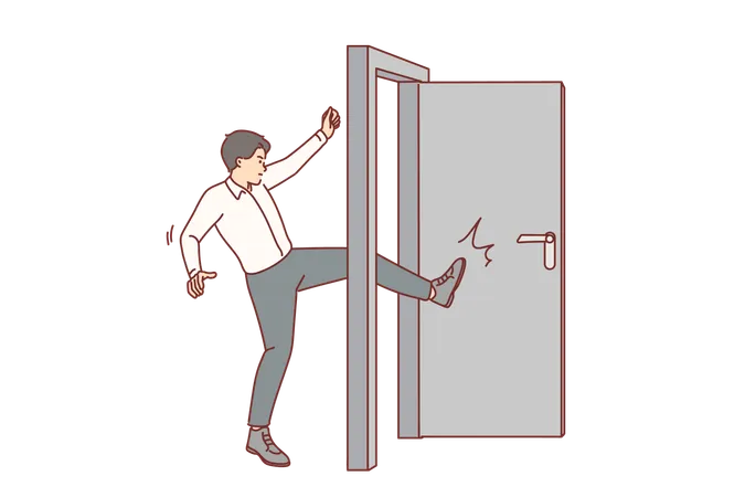 Business Man Kicks Door Bursting Into Office Of Competitors Violated Business Ethics Guy Company Manager Breaks Down Door Demonstrating Willingness To Do Anything To Achieve Goal Illustration