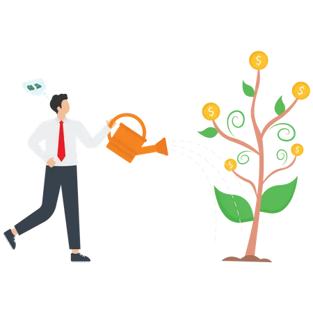 Investing In Stocks Growing Income Making A Profit From A Fund Buying Securities Earning Interest From A Bank Deposit Growing Wealth Investor Businessman Watering A Money Tree For Prosperity Illustration Illustration