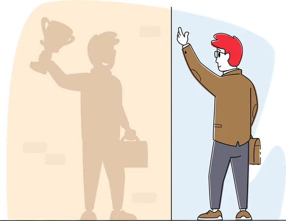 Business Man Look on Wall Shadow See himself as Successful Leader Holding Winner Trophy  イラスト