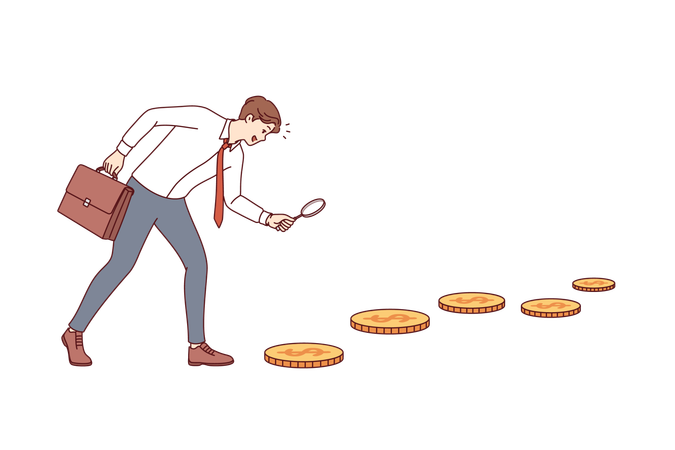 Business man looking for investment opportunities following trail of gold coins  Illustration