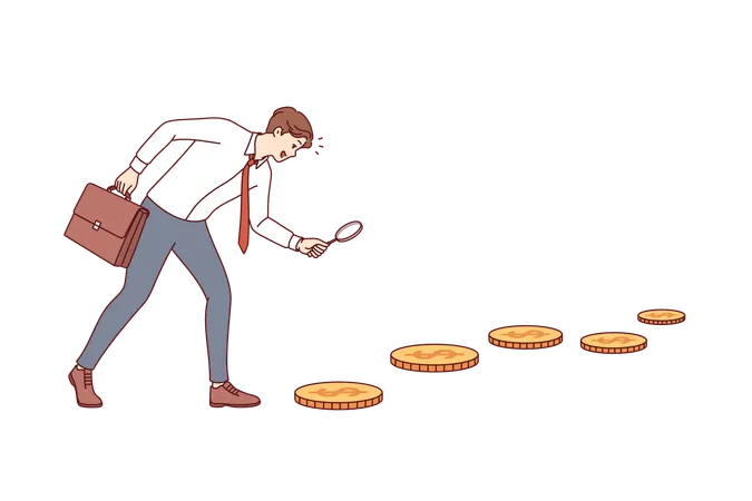 Business man looking for investment opportunities following trail of gold coins  Illustration