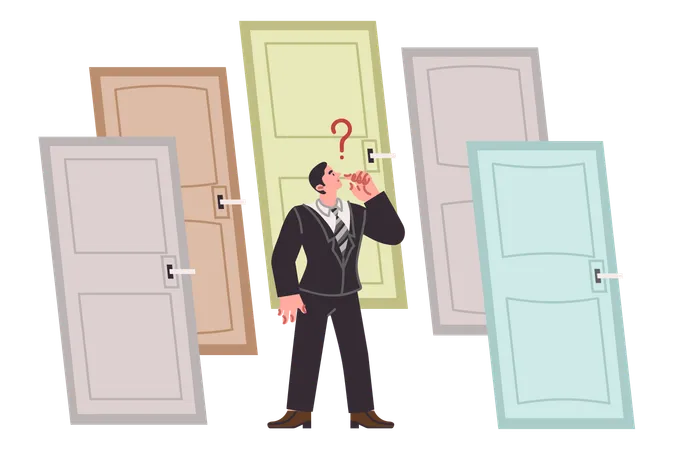 Business man making difficult decision while standing at crossroads near different doors  Illustration