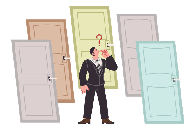 Business man making difficult decision while standing at crossroads near different doors  Illustration