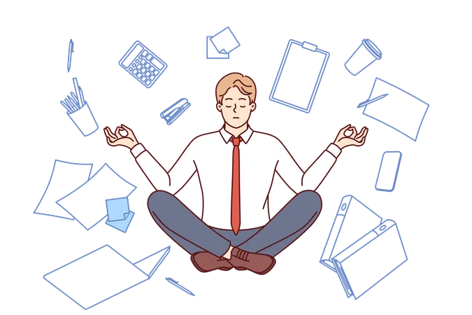 Business Man Meditates In Lotus Position And Does Zen Yoga Levitating Among Office Supplies Businessman Gets Rid Of Harmful Thoughts During Yoga Session To Increase Work Productivity Illustration