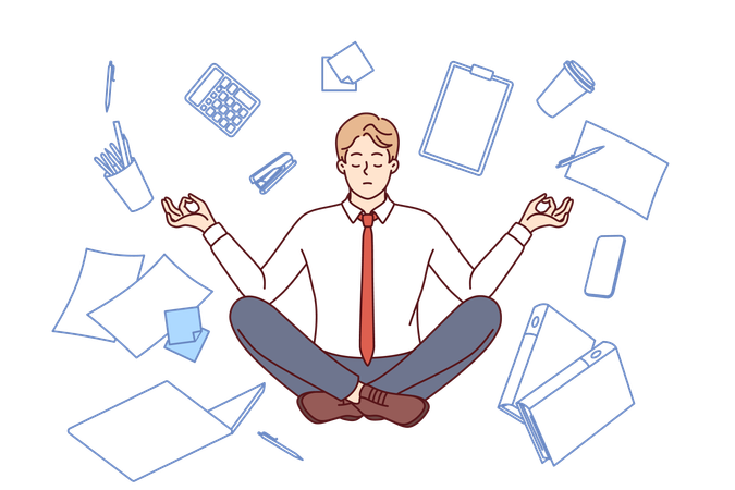 Business man meditates in lotus position  Illustration