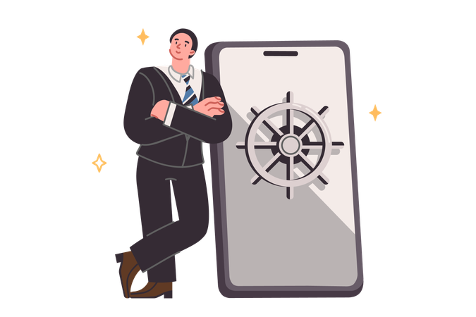 Business man near phone with safe on display for storing passwords for accounts and deposits  Illustration