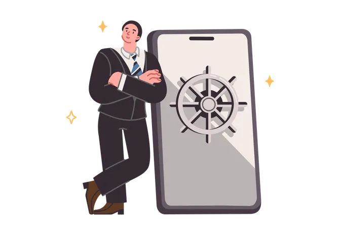 Business man near phone with safe on display for storing passwords for accounts and deposits  Illustration