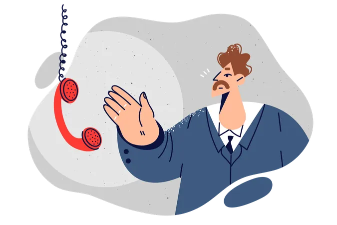 Business Man Near Telephone Receiver Hanging On Wire Is Waiting For Call From Partner Or Colleague Businessman In Formal Clothes Reaches Hand To Phone Wanting To Make Business Call Illustration