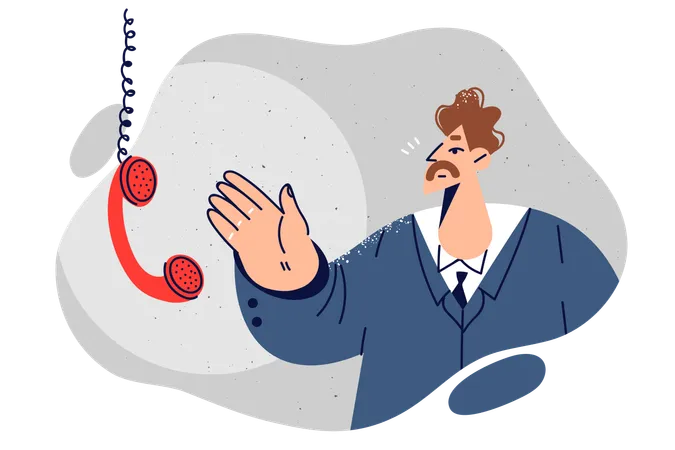 Business man near telephone receiver hanging on wire is waiting for call from partner or colleague  Illustration