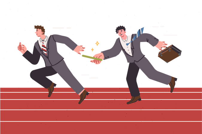 Business man passes baton to colleague demonstrating good teamwork and complete trust  Illustration