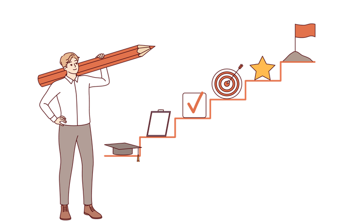 Business man plans career growth and draws checklist in form of ladder for developing skills  Illustration