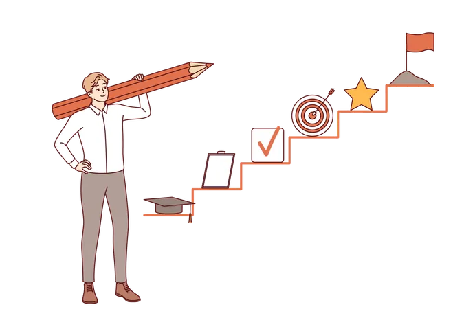 Business man plans career growth and draws checklist in form of ladder for developing skills  Illustration