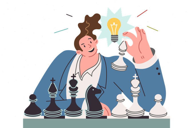 Business man plays chess coming up with new idea sitting with light bulb above head  Illustration