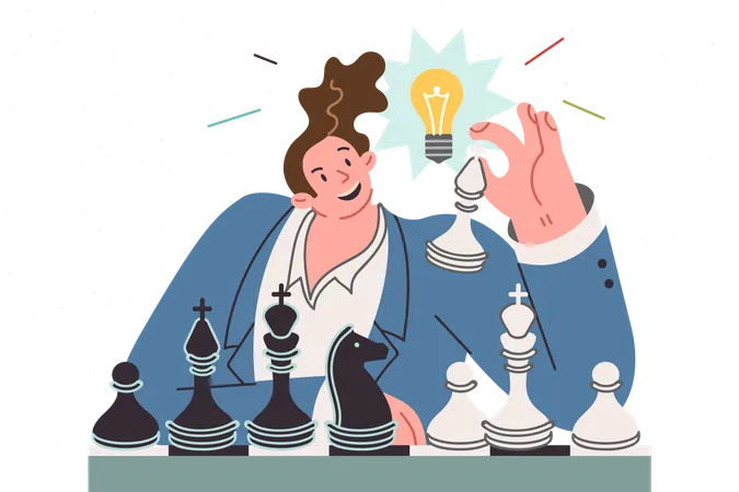 Business Man Plays Chess Coming Up With New Idea For Strategic Development In Company Sitting With Light Bulb Above Head Concept Importance Of Strategic Thinking And Innovative Ideas In Management Illustration