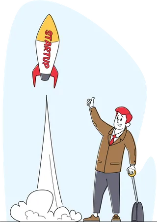 Business Male Character Push Lever Arm Launch Rocket Take Off Business Man Presenting Start Up Project Financial Idea Strategy Realization Success And Startup Solution Linear Vector Illustration Illustration