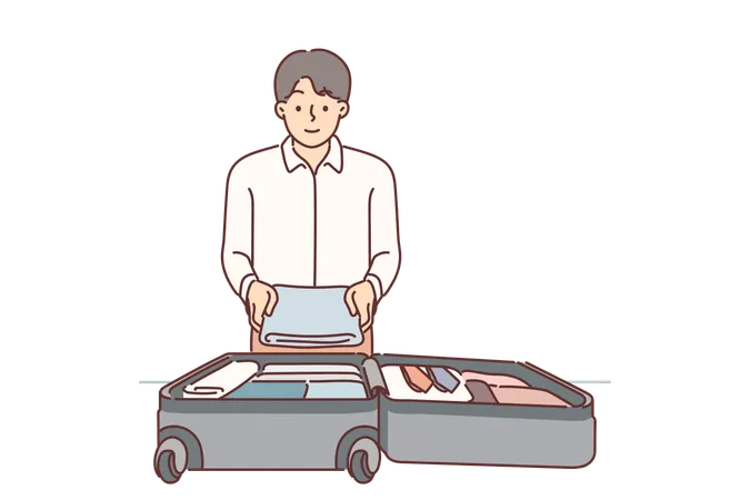 Business Man Puts Clothes In Suitcase On Wheels Going On Official Trip To Sign Important Contract Guy Carefully Folds Shirts Into Bag Moving To New City To Open Business Or Move Up Career Ladder Illustration