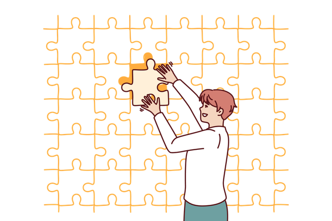 Business man putting last piece of puzzle in free space  Illustration