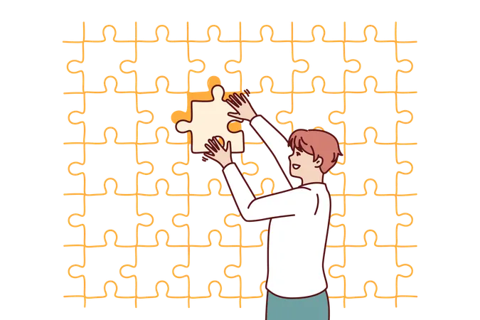 Business Man Putting Last Piece Of Puzzle In Free Space For Problem Solving Concept Guy In Business Clothes Is Engaged In Obtaining New Skills And Performs Complex Challenge On Instructions Manager Illustration