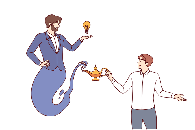 Business man releases genie from jug to get idea for developing company or attracting clients  Illustration