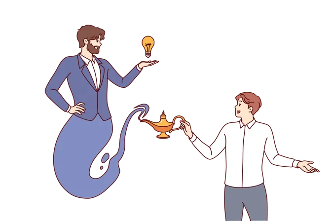 Business man releases genie from jug to get idea for developing company or attracting clients  Illustration