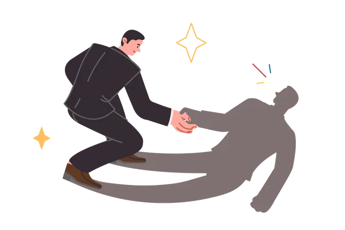 Business man restores self-confidence and sense of pride by extending hand to own shadow  Illustration