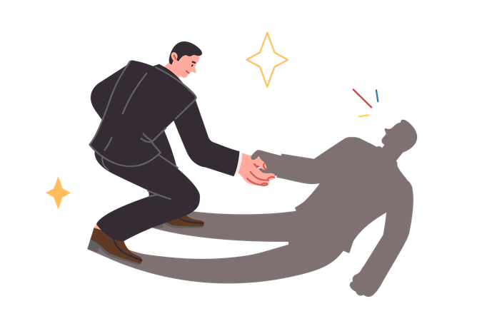 Business man restores self-confidence and sense of pride by extending hand to own shadow  Illustration