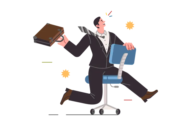 Business man rides on office chair and rejoices at opportunity to build career and gain new skills  Illustration