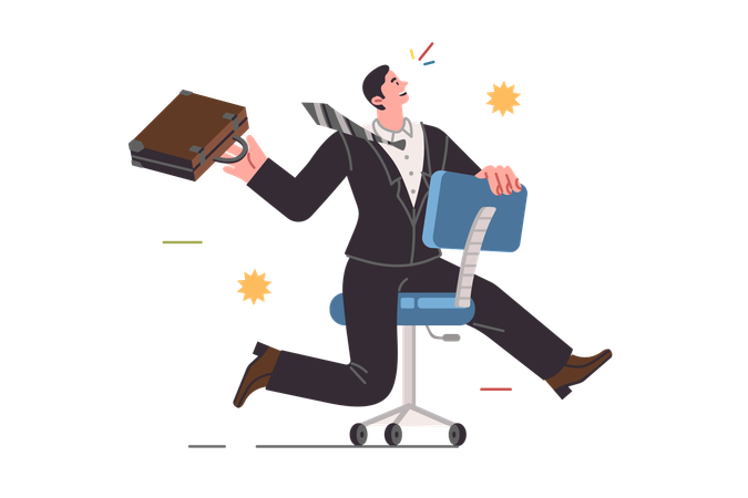 Business man rides on office chair and rejoices at opportunity to build career and gain new skills  Illustration