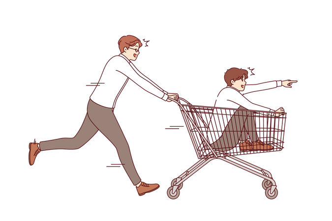 Business man rides partner on carts from supermarket  Illustration