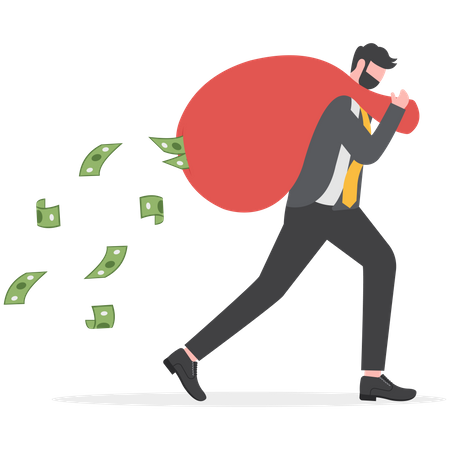 Business man running carrying a big sack full of cash money falling from it  Illustration