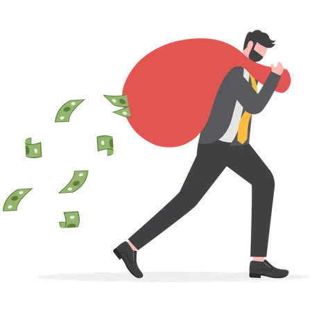 Business man running carrying a big sack full of cash money falling from it  Illustration