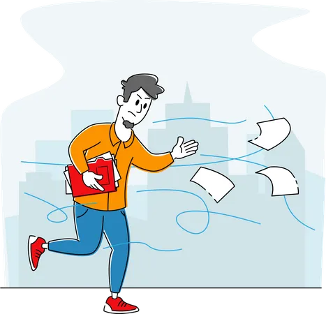 Business Man Running Fast Trying to Catch Flying Documents  Illustration