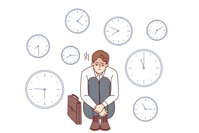 Business man sad because of lack time and problems with missing deadlines causing troubles at work  Illustration