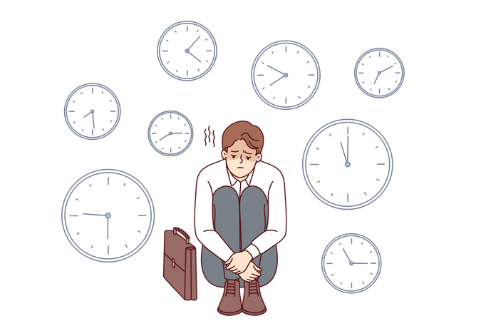 Business man sad because of lack time and problems with missing deadlines causing troubles at work  Illustration