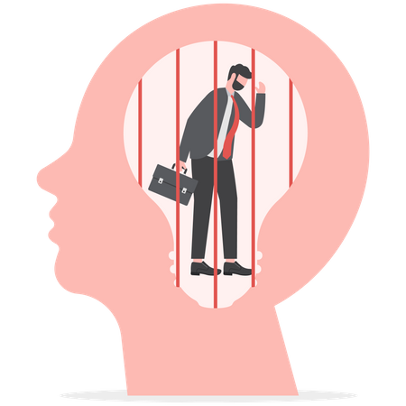 Business man sad is sitting and crying in screaming head prison fixed mindset  Illustration